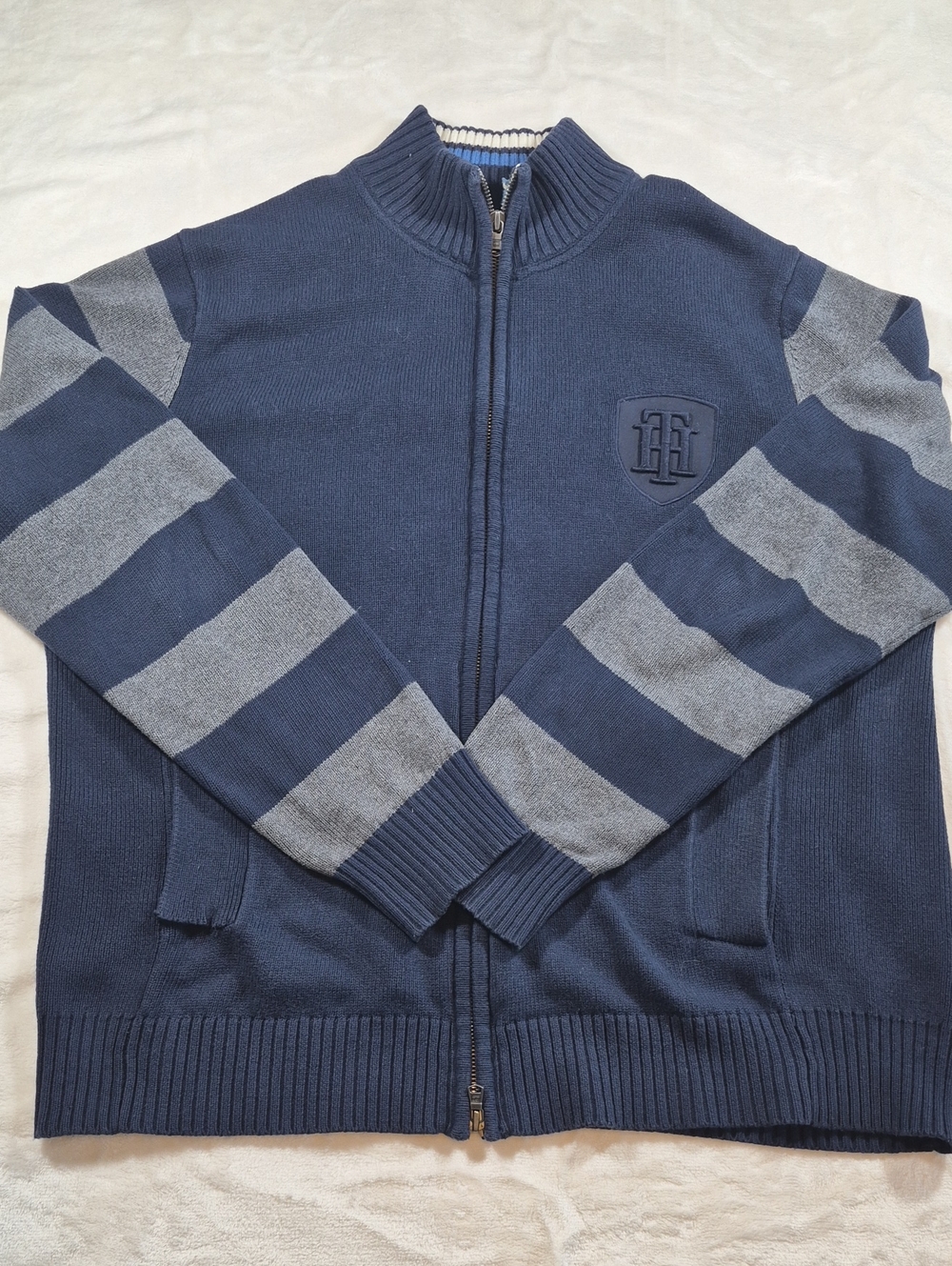 Tommy Hilfiger Navy Zip-Up Sweater with Gray Striped Sleeves